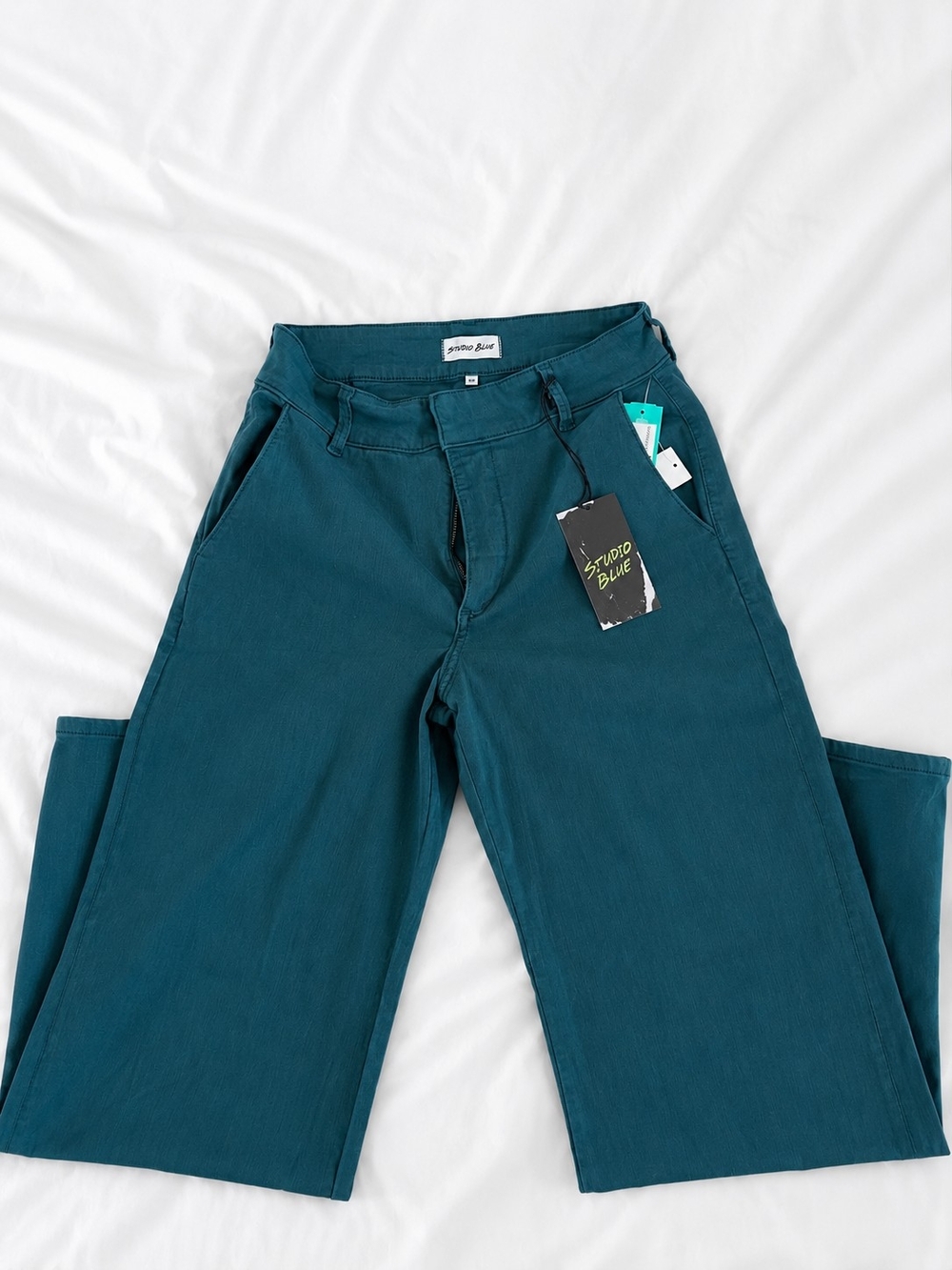 Soleil Studio Blue Teal High-Rise Wide Leg Womens Pants